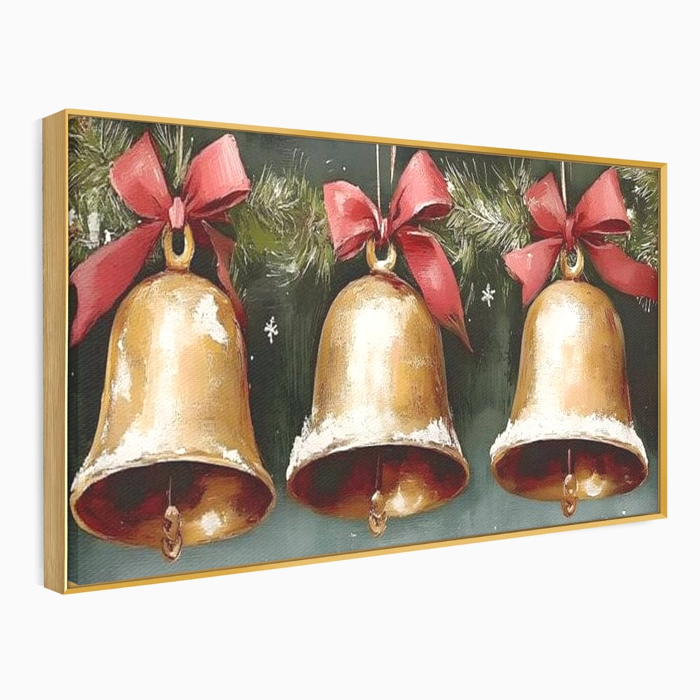 Tablou canvas cu pictura cu clopote aurii de craciun, in rama de aluminiu auriu